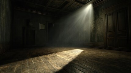 Aufkleber - Sunbeam illuminates a dark, empty, antique room with hardwood floors, aged walls, and ornate doors.