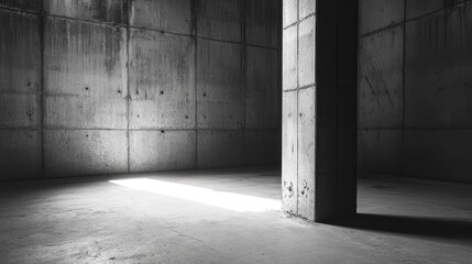 Poster - Sunbeam illuminates a dark, empty concrete room with a central pillar.