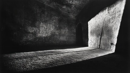 Poster - Sunbeam illuminates a dark, stone interior space.