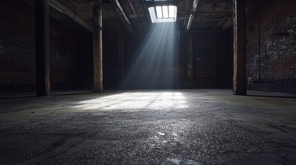 Poster - Sunbeams illuminate a dark, abandoned brick warehouse interior.
