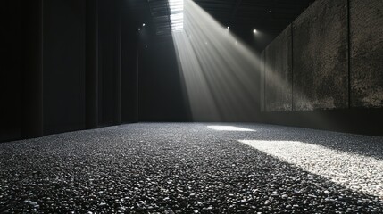Poster - Sunbeams illuminate a dark room with a floor covered in small, light-grey pebbles.