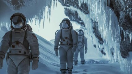 Poster - three astronauts in white spacesuits are walking through a snow covered cave with large icicles hang