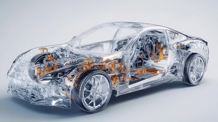 Aufkleber - Transparent 3D model of a sports car showcasing its internal mechanical components and chassis.