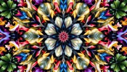 Poster - Nature's Kaleidoscope Create an intricate kaleidoscopic pattern featuring a variety of leaves and flowers, merging colors and shapes harmoniously.