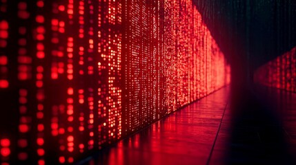 Poster - Abstract Digital Code: Red Binary Data Stream in Cyberpunk Style