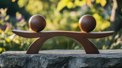 Poster - Two brown spheres balance on a curved wooden stand outdoors.