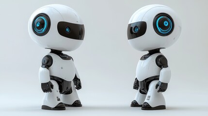 Aufkleber - Two cute white robots facing each other on a white background.