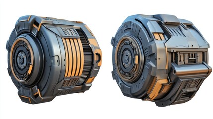 Leinwandbilder - Two futuristic metallic cylindrical objects with orange accents, isolated on white background.
