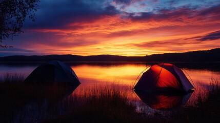 Poster - Two illuminated tents on calm lake at sunset.