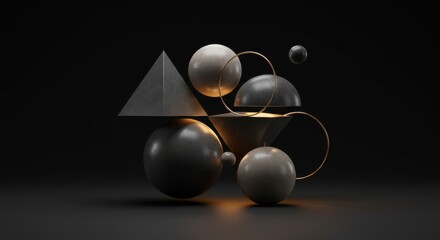Fototapete - Abstract 3D Render: Geometric Forms in Dark Ambiance with Subtle Golden Lighting