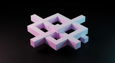 Poster - Abstract 3D Render of Interlocking Cubes Neon Light Geometric Design Purple Pink White  Modern Minimalist Art