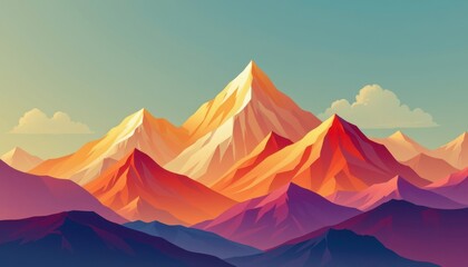 Poster - Abstract Mountain Range A stylized mountain range using flat geometrical shapes and a gradient of warm and cool hues.