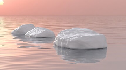 Wall Mural - three icebergs float on calm pink water at sunset.