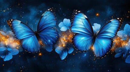 Poster - Two vibrant blue morpho butterflies amidst glowing flowers and sparkles on a dark background.