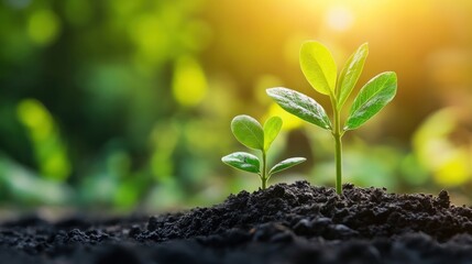Poster - Two young green plants sprout from rich soil, backlit by warm sunlight.