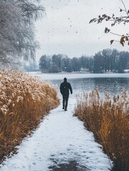 Wall Mural - man walking by frozen lake