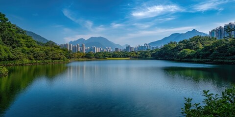 Wall Mural - lake surrounded by trees and mountains