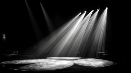 Poster - A monochrome shot of a stage illuminated by multiple spotlights in a dark performance venue