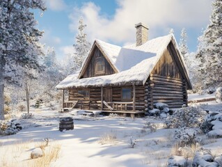 Wall Mural - snowy forest log cabin
