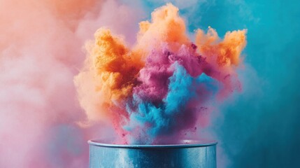 Aufkleber - Vibrant colored powder explosion from a metal container against a smoky background.