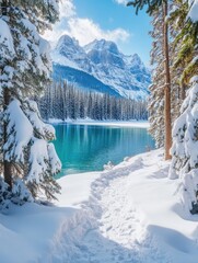 Wall Mural - snowy mountain path to lake