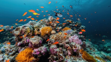 Poster - Vibrant coral reef teeming with diverse fish species in a clear ocean.