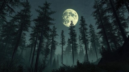 Wall Mural - Full moon shining over forest