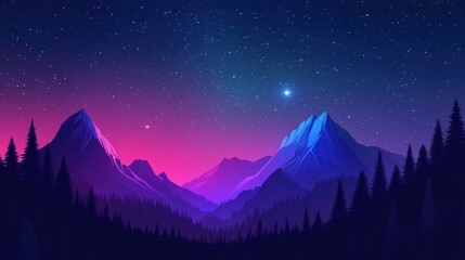 Aufkleber - vibrant night landscape with pink and blue mountains under a starry sky.