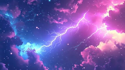 Poster - Vibrant pink and blue lightning strike through cosmic clouds and stars.