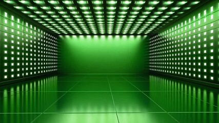 Poster - Illuminated Green Room: This futuristic perspective showcases a sleek interior design with an eye-catching ambiance. The smooth, reflective surfaces of the floor and walls intensify the vibrant light.