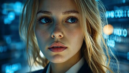 Poster - Cyber Visionary: A close-up portrait of a determined woman against a digital backdrop, evoking a sense of technological innovation and insightful vision.