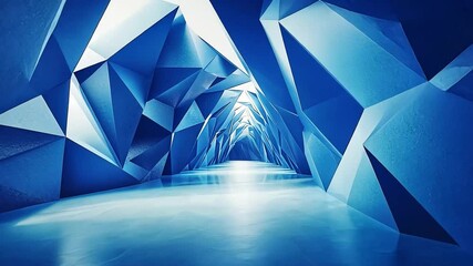 Poster - Crystalline Corridor: An abstract and mesmerizing perspective showcases an expansive architectural corridor, illuminated with cool, futuristic blue tones and dynamic geometric patterns.
