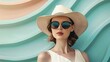© zishan - A chic lady wearing a hat and sunglasses poses on a stark beach scene, Generative AI.
