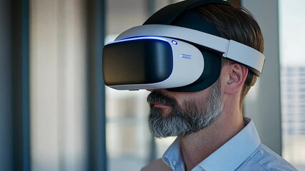 Poster - Virtual Reality Goggles Experience: A man wearing VR goggles experiencing the virtual world, his expression reflecting immersion. Capturing the future of technology.