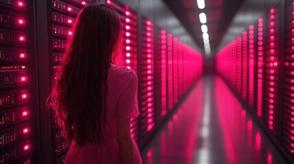 Poster - Woman in pink dress walks through a server room with rows of illuminated data storage racks.