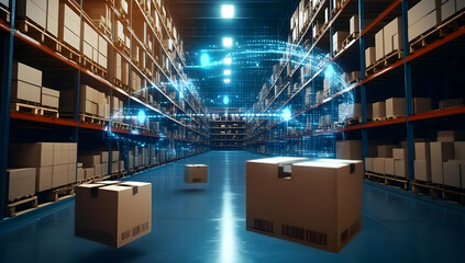 Poster - Futuristic warehouse with glowing technology, showcasing automated systems and organized packages ready for processing.