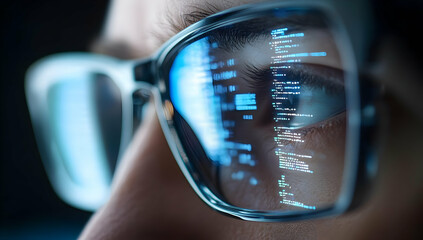 Poster - Close-up of a person wearing glasses, reflecting computer code and technology, symbolizing innovation and digital advancement.