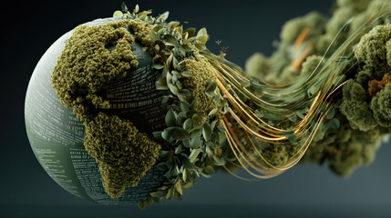 Poster - digital representation of Earth with lush greenery and flowing data streams symbolizes fusion of nature and technology. image conveys sense of harmony and innovation