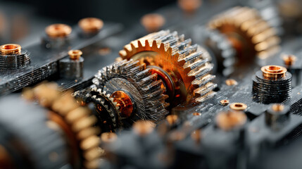 Leinwandbilder - close up of interlocking metallic gears with mix of copper and steel textures, showcasing intricate mechanical design and engineering precision. gears are aligned in complex arrangement