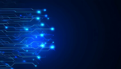 Poster - Futuristic blue circuit board design with glowing lights and dark background, representing advanced technology and innovation.