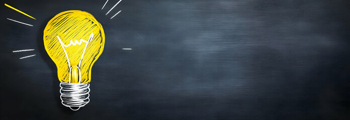 Poster - A bright yellow light bulb illuminating a dark chalkboard, symbolizing ideas and creativity in a minimalist style.