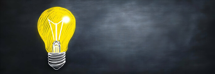 Wall Mural - a bright light bulb on a chalkboard background symbolizes innovation, creativity, and ideas waiting 