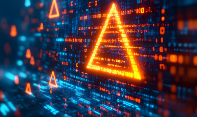 Poster - Futuristic digital background featuring glowing triangles and binary code, symbolizing technology and data innovation.