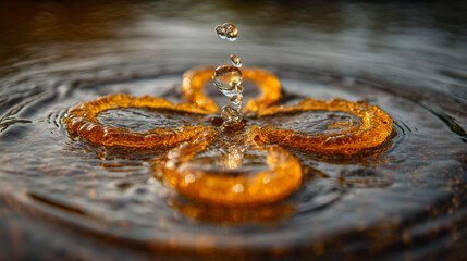 Poster - Water droplets falling onto a pool with golden rings creating ripples and splash art in macro focus