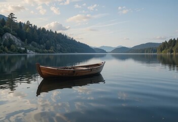  Serene wooden boat afloat on a tranquil lake surrounded by lush forests
