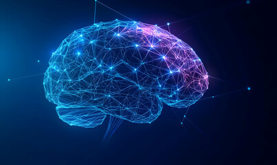 Poster - A futuristic digital representation of a brain, showcasing connections with vibrant neon colors, symbolizing innovation and technology.