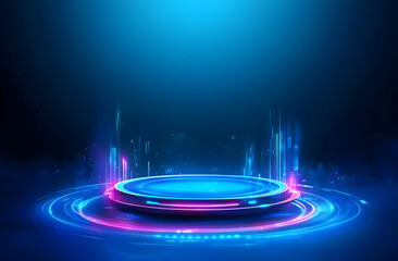 Poster - Futuristic digital podium with vibrant blue and pink neon lights, perfect for showcasing technology or futuristic concepts.