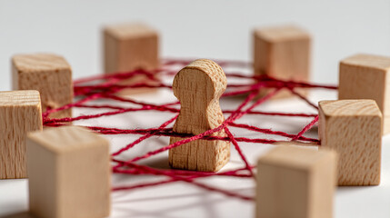 Poster - Wooden pawn figure surrounded by blocks connected with red string on a white surface