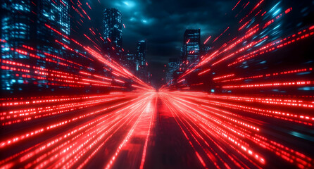 Wall Mural - Dynamic city scene featuring vibrant red light trails, symbolizing speed and movement in an urban environment at night.