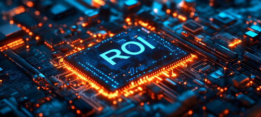 Poster - Futuristic microchip showcasing ROI, illuminated with vibrant lights, symbolizing innovation and performance in the tech industry.